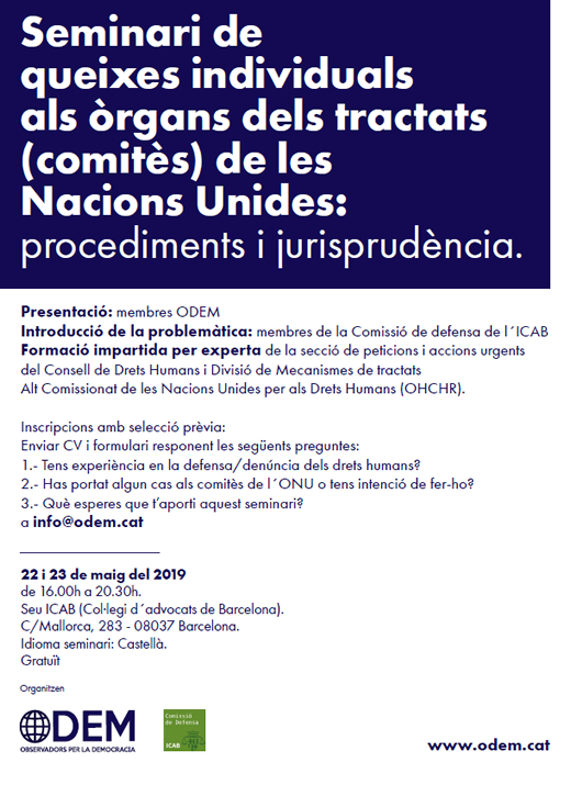 Seminari de queixes individuals als òrgans dels tractats (comitès) de les Nacions Unides: procediments i jurisprudència