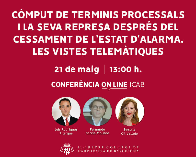 Conferència on-line: 'Còmput de terminis processals i la seva represa després del cessament de l'estat d'alarma. Les vistes telemàtiques'