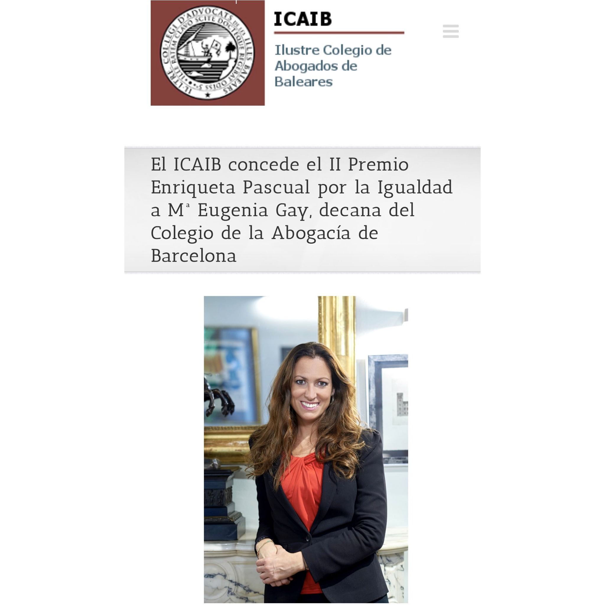 L’ICAIB concedeix el II Premi Enriqueta Pascual per la Igualtat a Mª Eugènia Gay, degana del Col·legi de l’Advocacia de Barcelona