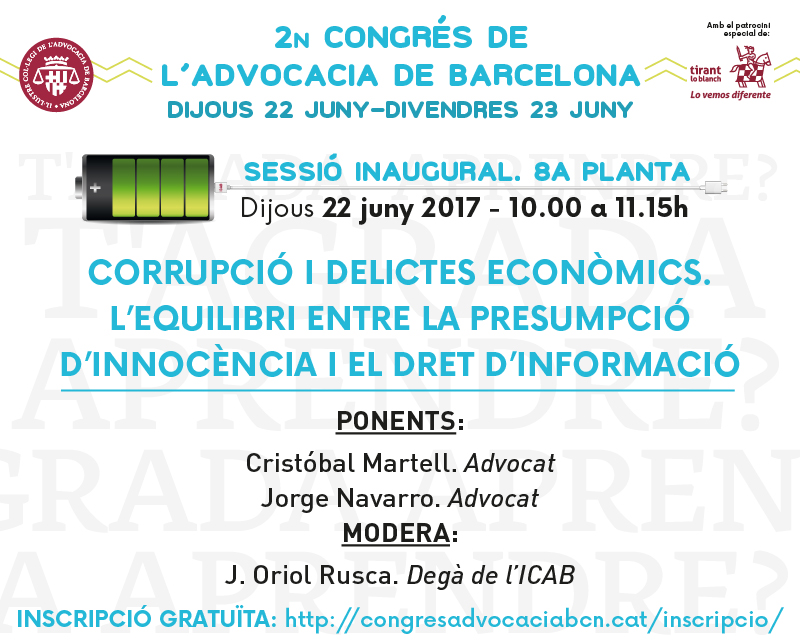 CONVOCATÒRIA: 'Corrupció i delictes econòmics', conferència inaugural del 2n Congrés de l’Advocacia de Barcelona